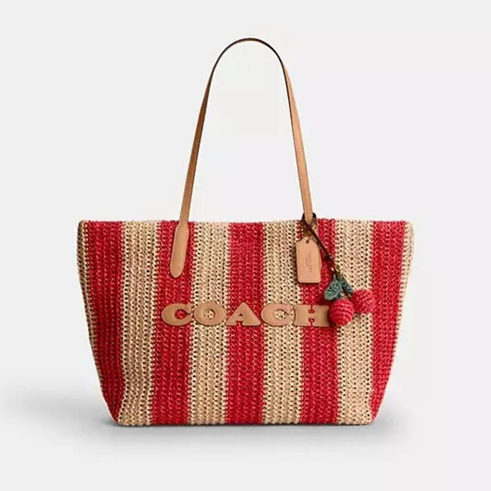 Coach City Tote Bag With Stripes And Charm CER30 straw/Gold/Red/Tan